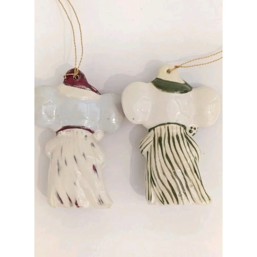 Mouse in Pajamas w Candle Hand Made Painted Ceramic Christmas Ornament Lot Of 2